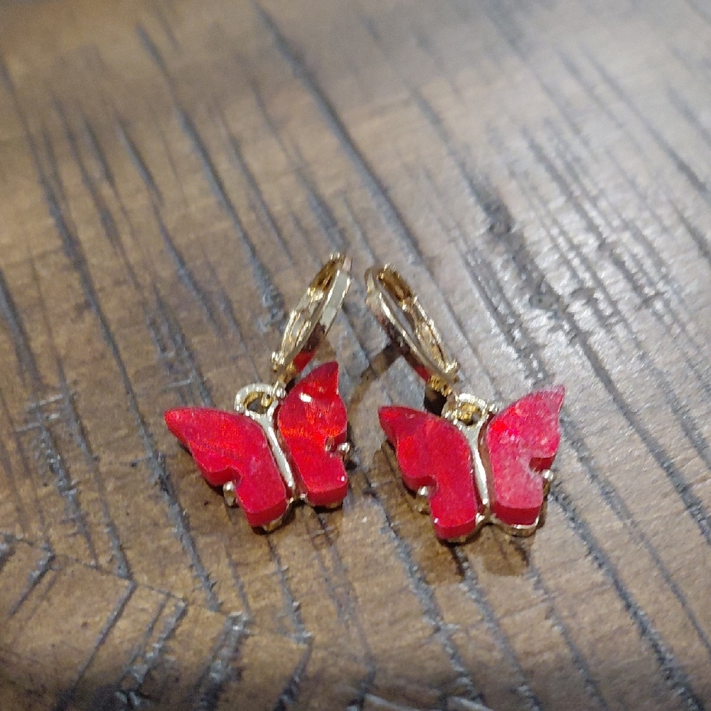Gold Butterfly Drop Earrings with Red Enamel Wings